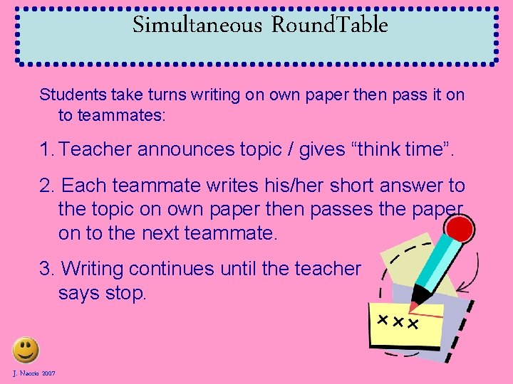 Simultaneous Round. Table Students take turns writing on own paper then pass it on