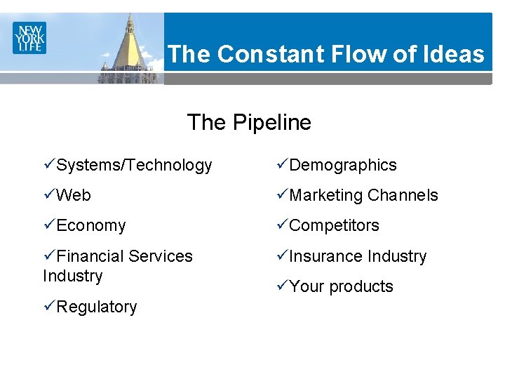 The Constant Flow of Ideas The Pipeline üSystems/Technology üDemographics üWeb üMarketing Channels üEconomy üCompetitors