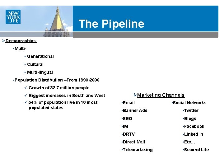 The Pipeline ØDemographics • Multi • Generational • Cultural • Multi-lingual • Population Distribution