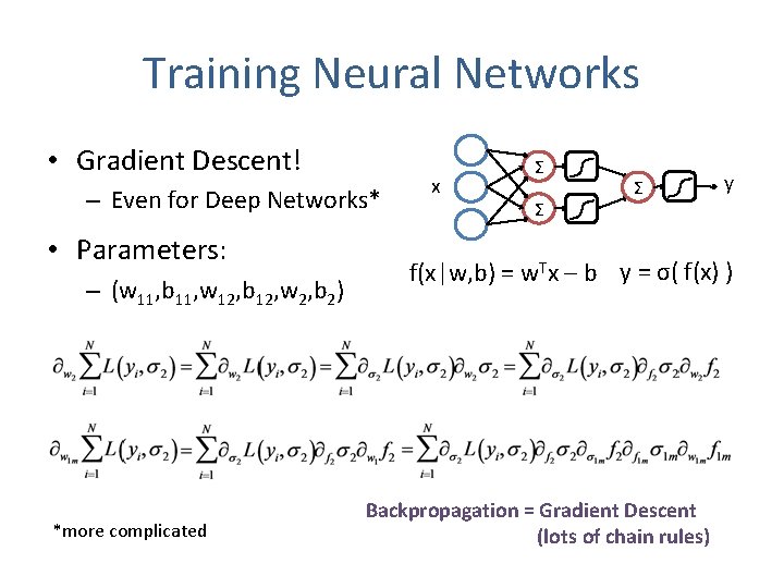 Training Neural Networks • Gradient Descent! – Even for Deep Networks* • Parameters: –