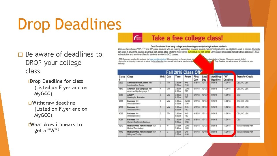 Drop Deadlines � Be aware of deadlines to DROP your college class �Drop Deadline