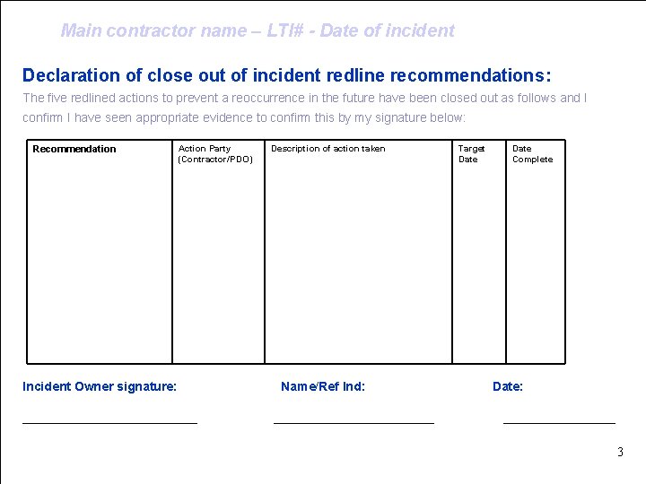 Main contractor name – LTI# - Date of incident Declaration of close out of