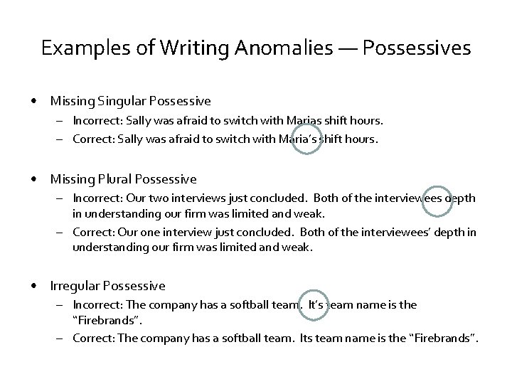 Examples of Writing Anomalies — Possessives • Missing Singular Possessive – Incorrect: Sally was