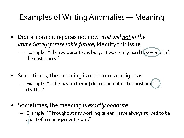 Examples of Writing Anomalies — Meaning • Digital computing does not now, and will