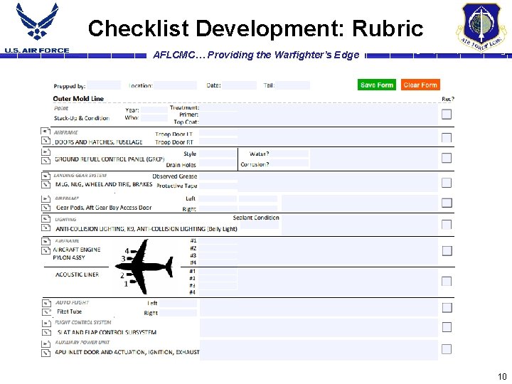 Checklist Development: Rubric AFLCMC… Providing the Warfighter’s Edge 10 