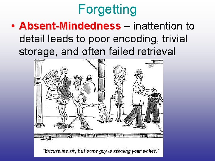 Forgetting • Absent-Mindedness – inattention to detail leads to poor encoding, trivial storage, and