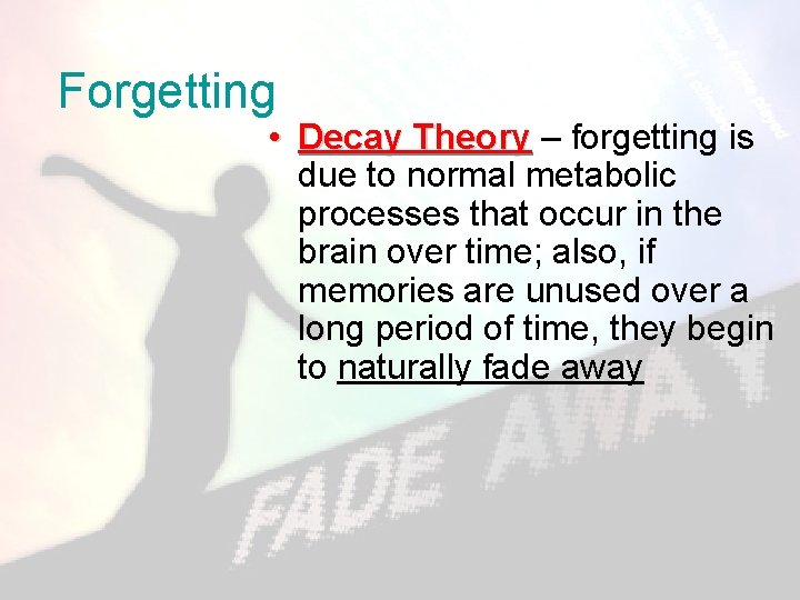 Forgetting • Decay Theory – forgetting is due to normal metabolic processes that occur