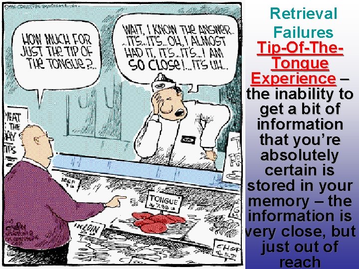 Retrieval Failures Tip-Of-The. Tongue Experience – the inability to get a bit of information
