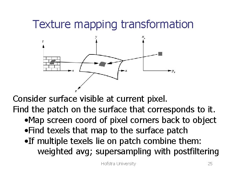 Texture mapping transformation Consider surface visible at current pixel. Find the patch on the