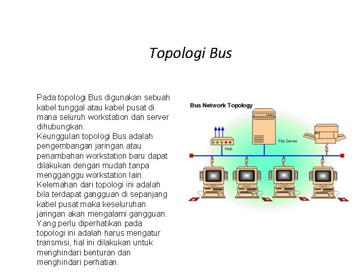 Topologi Bus Pada topologi Bus digunakan sebuah kabel tunggal atau kabel pusat di mana