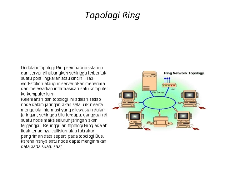 Topologi Ring Di dalam topologi Ring semua workstation dan server dihubungkan sehingga terbentuk suatu