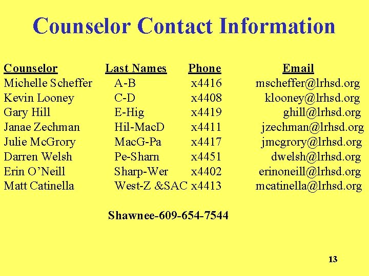 Counselor Contact Information Counselor Michelle Scheffer Kevin Looney Gary Hill Janae Zechman Julie Mc.