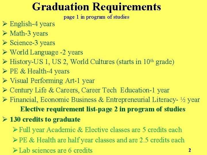 Graduation Requirements page 1 in program of studies Ø English-4 years Ø Math-3 years