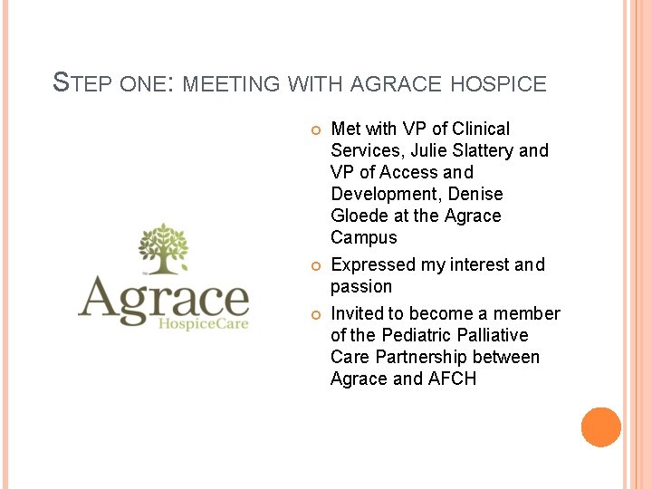 STEP ONE: MEETING WITH AGRACE HOSPICE Met with VP of Clinical Services, Julie Slattery STEP ONE: MEETING WITH AGRACE HOSPICE Met with VP of Clinical Services, Julie Slattery