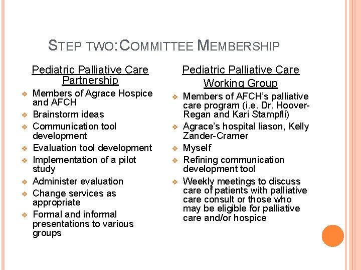 STEP TWO: COMMITTEE MEMBERSHIP Pediatric Palliative Care Partnership v v v v Members of STEP TWO: COMMITTEE MEMBERSHIP Pediatric Palliative Care Partnership v v v v Members of