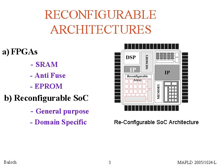 RECONFIGURABLE ARCHITECTURES a) FPGAs - SRAM - Anti Fuse - EPROM b) Reconfigurable So.