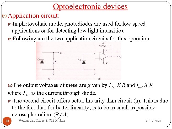 Optoelectronic devices Application circuit: In photovoltaic mode, photodiodes are used for low speed applications