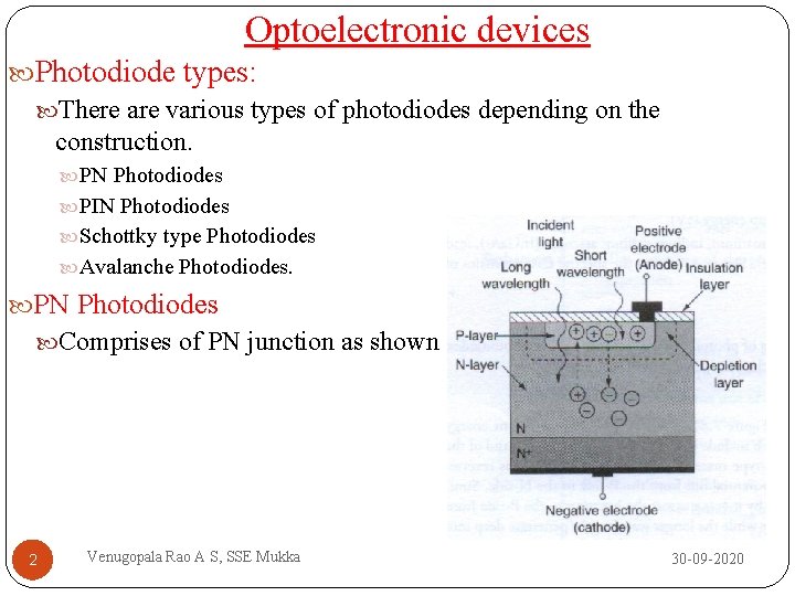 Optoelectronic devices Photodiode types: There are various types of photodiodes depending on the construction.