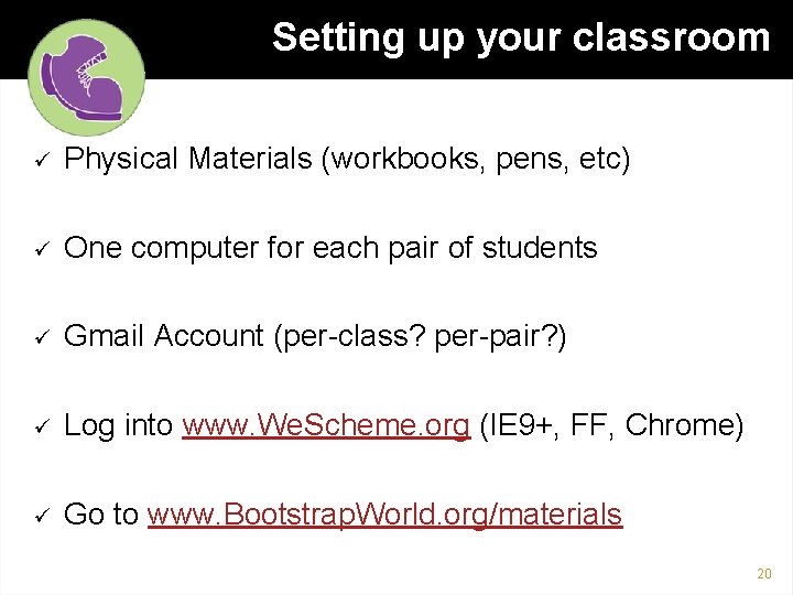 Setting up your classroom ü Physical Materials (workbooks, pens, etc) ü One computer for