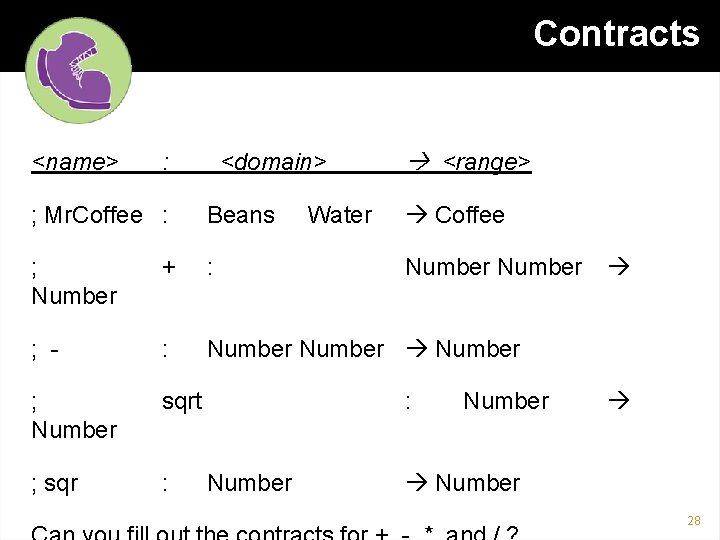 Contracts <name> : <domain> Water <range> ; Mr. Coffee : Beans Coffee ; Number