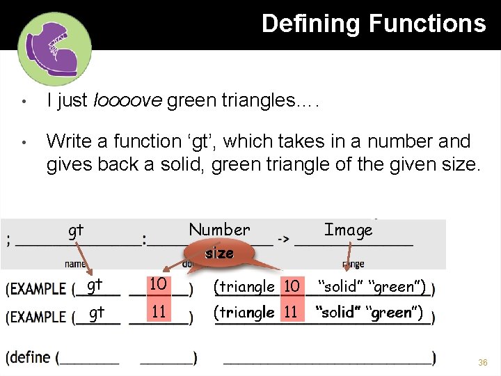 Defining Functions • I just loooove green triangles…. • Write a function ‘gt’, which