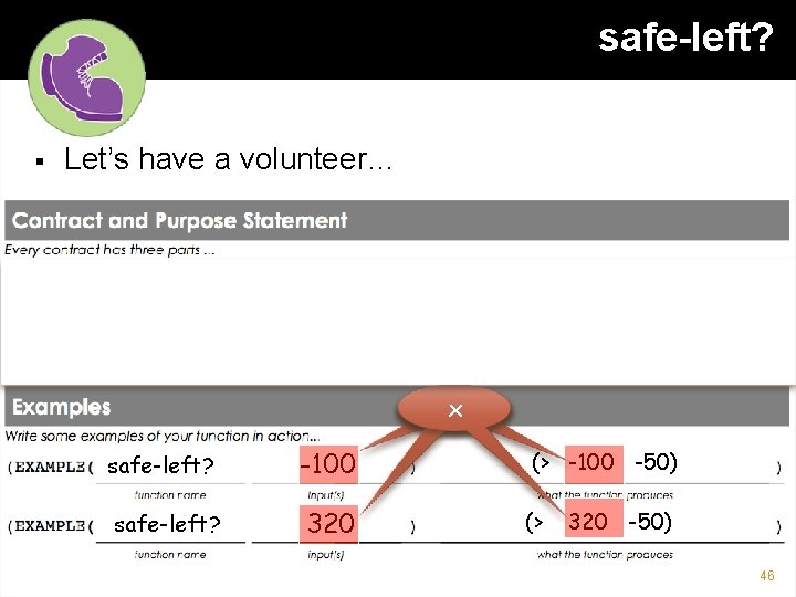 safe-left? § Let’s have a volunteer… safe-left? Boolean Number Given an x-coordinate, check if
