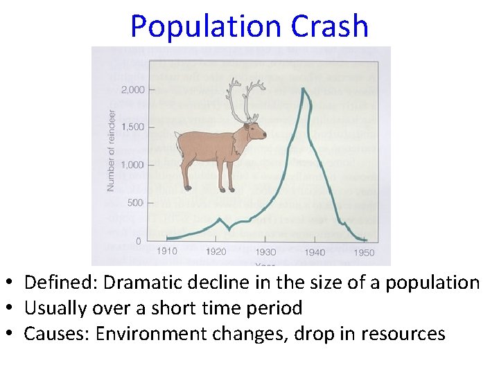 Population Crash • Defined: Dramatic decline in the size of a population • Usually