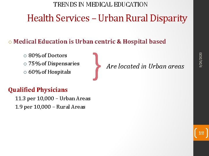 TRENDS IN MEDICAL EDUCATION Health Services – Urban Rural Disparity o 80% of Doctors