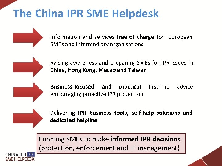 The China IPR SME Helpdesk Information and services free of charge for European SMEs