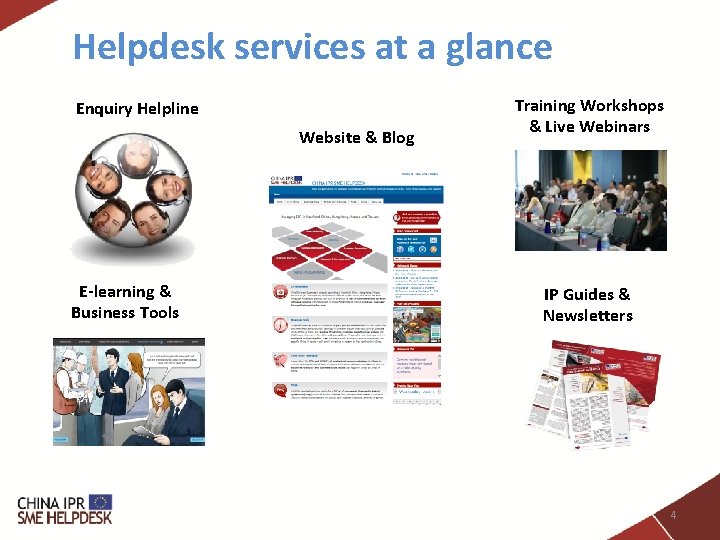 Helpdesk services at a glance Enquiry Helpline Website & Blog E-learning & Business Tools