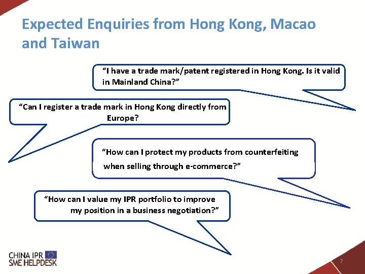 Expected Enquiries from Hong Kong, Macao and Taiwan “I have a trade mark/patent registered