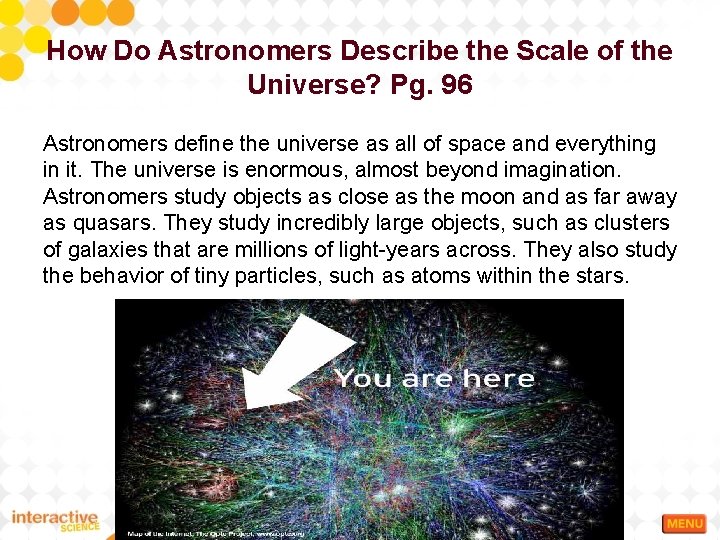How Do Astronomers Describe the Scale of the Universe? Pg. 96 Astronomers define the
