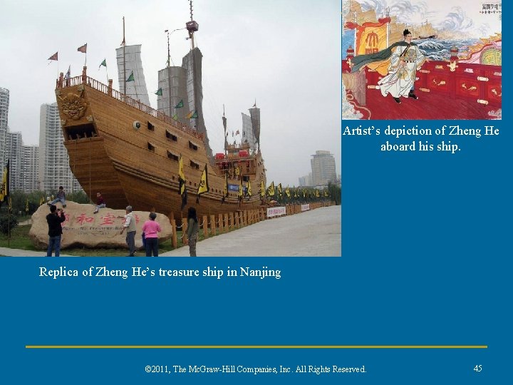Artist’s depiction of Zheng He aboard his ship. Replica of Zheng He’s treasure ship