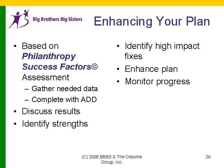 Enhancing Your Plan • Based on Philanthropy Success Factors© Assessment – Gather needed data