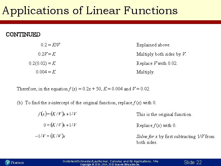 Applications of Linear Functions CONTINUED 0. 2 = K/V 0. 2 V = K