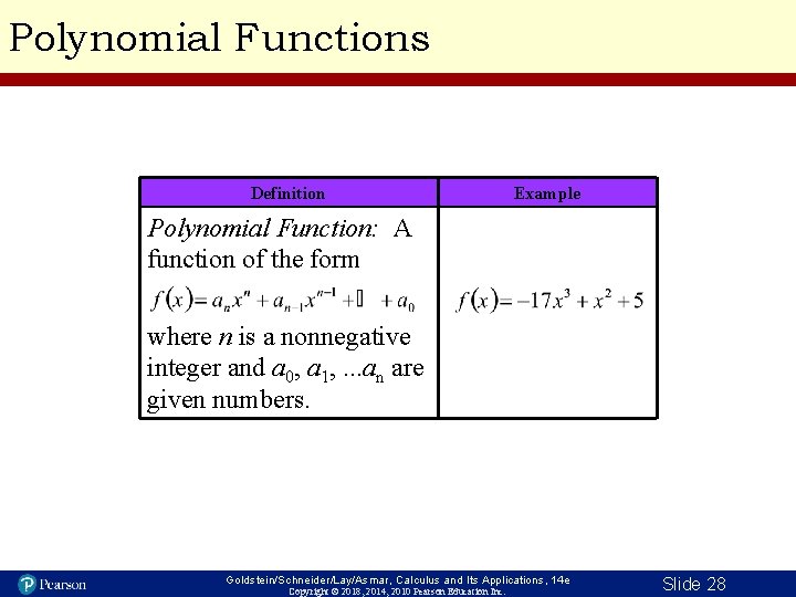 Polynomial Functions Definition Example Polynomial Function: A function of the form where n is