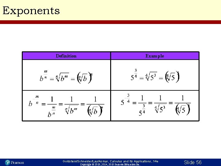 Exponents Definition Example Goldstein/Schneider/Lay/Asmar, Calculus and Its Applications, 14 e Copyright © 2018, 2014,