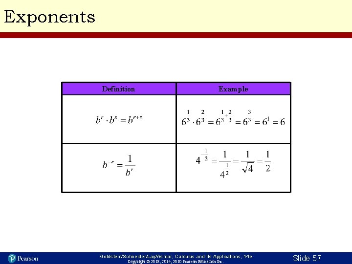Exponents Definition Example Goldstein/Schneider/Lay/Asmar, Calculus and Its Applications, 14 e Copyright © 2018, 2014,
