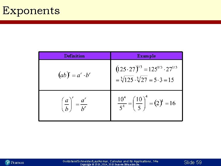 Exponents Definition Example Goldstein/Schneider/Lay/Asmar, Calculus and Its Applications, 14 e Copyright © 2018, 2014,