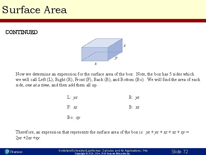 Surface Area CONTINUED z y x Now we determine an expression for the surface