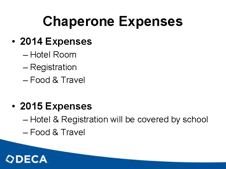 Chaperone Expenses • 2014 Expenses – Hotel Room – Registration – Food & Travel