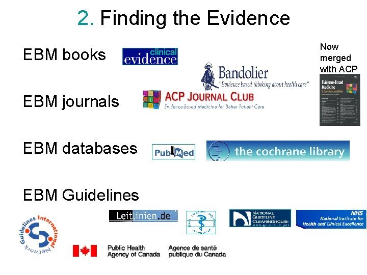 2. Finding the Evidence EBM books EBM journals EBM databases EBM Guidelines Now merged