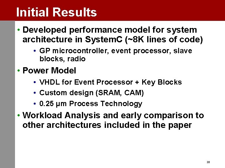Initial Results • Developed performance model for system architecture in System. C (~8 K