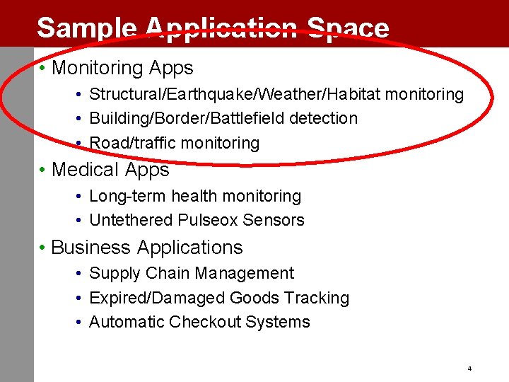 Sample Application Space • Monitoring Apps • Structural/Earthquake/Weather/Habitat monitoring • Building/Border/Battlefield detection • Road/traffic
