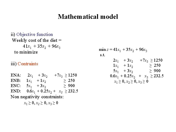 Mathematical model ii) Objective function Weekly cost of the diet = 41 x 1 Mathematical model ii) Objective function Weekly cost of the diet = 41 x 1