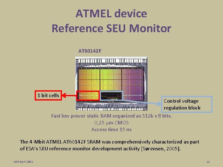 ATMEL device Reference SEU Monitor AT 60142 F 1 bit cells Control voltage regulation ATMEL device Reference SEU Monitor AT 60142 F 1 bit cells Control voltage regulation
