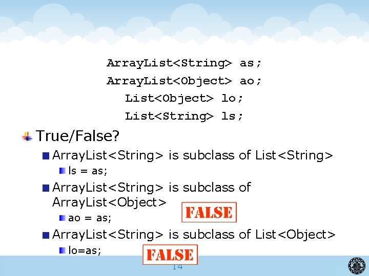 Array. List<String> as; Array. List<Object> ao; List<Object> lo; List<String> ls; True/False? Array. List<String> is