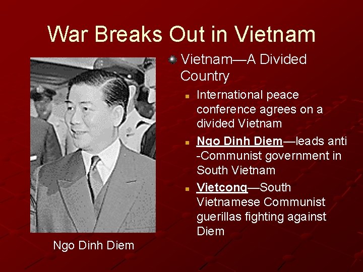 War Breaks Out in Vietnam—A Divided Country n n n Ngo Dinh Diem International War Breaks Out in Vietnam—A Divided Country n n n Ngo Dinh Diem International