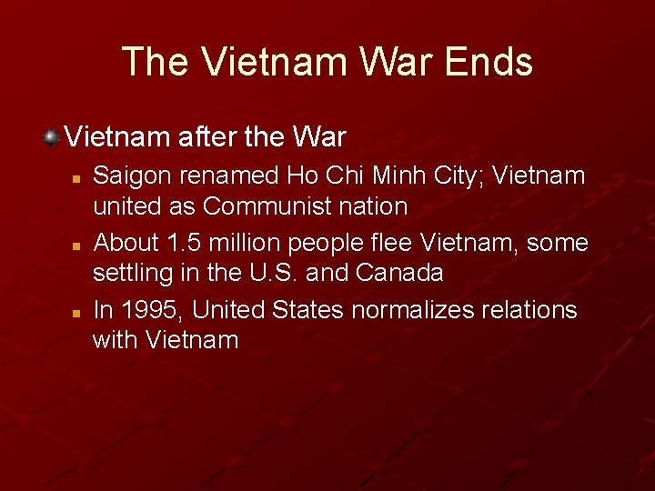 The Vietnam War Ends Vietnam after the War n n n Saigon renamed Ho The Vietnam War Ends Vietnam after the War n n n Saigon renamed Ho