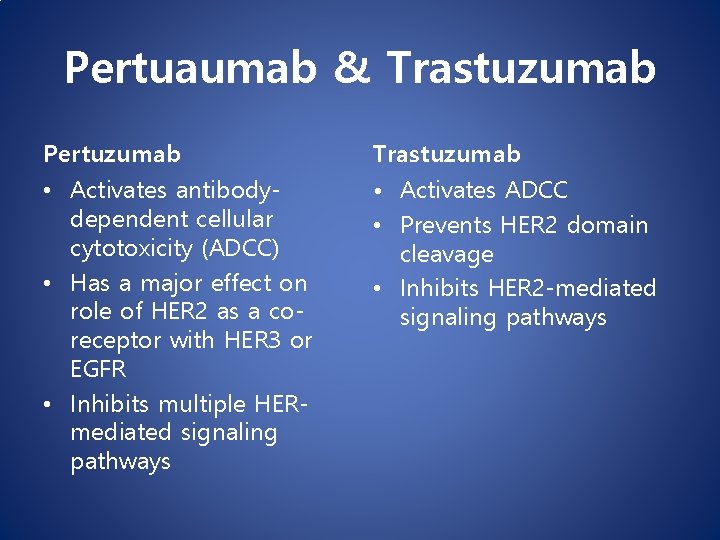 Pertuaumab & Trastuzumab Pertuzumab Trastuzumab • Activates antibodydependent cellular cytotoxicity (ADCC) • Has a Pertuaumab & Trastuzumab Pertuzumab Trastuzumab • Activates antibodydependent cellular cytotoxicity (ADCC) • Has a
